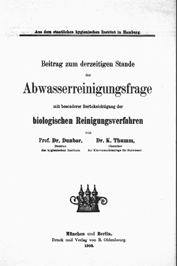 Dunbar, W. P.; K. Thumm:<br>
Beitrag zum derzeitigen Stande der Abwasserreinigungsfrage mit besonderer Berücksichtigung der biologischen Reinigungsverfahren.<br>
München, Berlin: Oldenbourg, 1902.