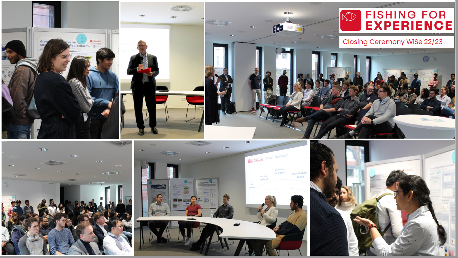 Collage, Personen im Gespräch, Zuschauer im Saal, Posterpräsentation