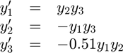 $$
\begin{array}{ccl}
  y'_1 &=& y_2y_3       \\
  y'_2 &=& -y_1y_3      \\
  y'_3 &=& -0.51y_1y_2
\end{array}
$$