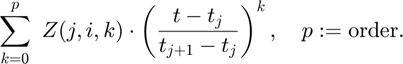 $$
\sum\limits_{k=0}^p ~Z(j,i,k)\cdot\left(\frac{t-t_j}{t_{j+1}-t_j}\right)^k, \quad p:={\rm order}.
$$