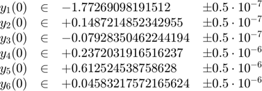 $$
\begin{array}{cclc}
  y_1(0) &\in& -1.772 690 981 915 12      &\pm 0.5\cdot 10^{-7} \\
  y_2(0) &\in& +0.148 721 485 234 295 5   &\pm 0.5\cdot 10^{-7} \\
  y_3(0) &\in& -0.079 283 504 622 441 94  &\pm 0.5\cdot 10^{-7} \\
  y_4(0) &\in& +0.237 203 191 651 623 7   &\pm 0.5\cdot 10^{-6} \\
  y_5(0) &\in& +0.612 524 538 758 628     &\pm 0.5\cdot 10^{-6} \\
  y_6(0) &\in& +0.045 832 175 721 656 24  &\pm 0.5\cdot 10^{-6}
\end{array}
$$