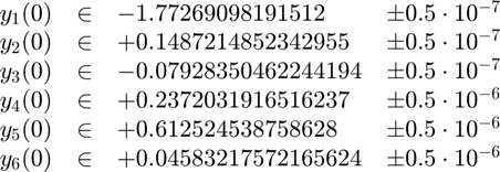 $$
\begin{array}{cclc}
  y_1(0) &\in& -1.772 690 981 915 12      &\pm 0.5\cdot 10^{-7} \\
  y_2(0) &\in& +0.148 721 485 234 295 5   &\pm 0.5\cdot 10^{-7} \\
  y_3(0) &\in& -0.079 283 504 622 441 94  &\pm 0.5\cdot 10^{-7} \\
  y_4(0) &\in& +0.237 203 191 651 623 7   &\pm 0.5\cdot 10^{-6} \\
  y_5(0) &\in& +0.612 524 538 758 628     &\pm 0.5\cdot 10^{-6} \\
  y_6(0) &\in& +0.045 832 175 721 656 24  &\pm 0.5\cdot 10^{-6}
\end{array}
$$