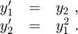 $$
\begin{array}{ccl}
  y'_1 &=& y_2 \ , \\
  y'_2 &=& y_1^2 \ .
\end{array}
$$