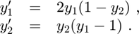 $$
\begin{array}{ccl}
  y'_1 &=& 2 y_1 (1-y_2) \ , \\
  y'_2 &=& y_2 (y_1-1) \ .
\end{array}
$$