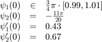$$
\begin{array}{ccl}
  \psi_1(0)  &\in& \frac{3}{4}\pi \cdot[0.99,1.01] \\
  \psi_2(0)  &=&   -\frac{11\pi}{20} \\
  \psi_1'(0) &=&   0.43 \\
  \psi_2'(0) &=&   0.67
\end{array}
$$