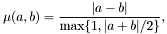 \[ \mu(a, b) = \frac{\lvert a - b \rvert} {\max \{1, \lvert a + b \rvert / 2\}}, \]