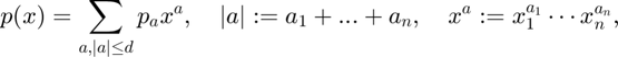$$p(x) = \sum_{a,|a|\leq d} p_{a} x^a, \quad |a| := a_1 + ... + a_n, \quad x^a := x_1^{a_1} \cdots x_n^{a_n},$$