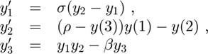 $$
\begin{array}{ccl}
  y'_1 &=& \sigma(y_2-y_1)      \ , \\
  y'_2 &=& (\rho-y(3))y(1)-y(2) \ , \\
  y'_3 &=& y_1 y_2 - \beta y_3
\end{array}
$$