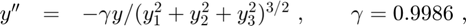 $$
\begin{array}{ccl}
  y''   &=& -\gamma y / (y_1^2+y_2^2+y_3^2)^{3/2} \ , \qquad \gamma = 0.9986 \ ,
\end{array}
$$