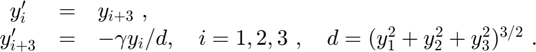 $$
\begin{array}{ccl}
  y_i'     &=& y_{i+3} \ , \\
  y'_{i+3} &=& -\gamma y_i/d, \quad i = 1,2,3  \ , \quad d = (y_1^2+y_2^2+y_3^2)^{3/2} \ .
\end{array}
$$