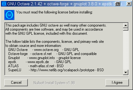 Installation von Octave 2.1.42 - erstes Bild: Die Lizenz