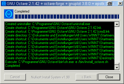 Installation von Octave 2.1.42 - achtes Bild: Abschluß
