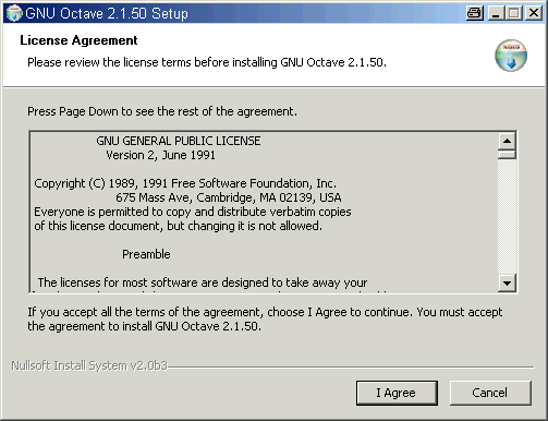 Installation von Octave 2.1.50a - zweites Bild: Die Lizenz