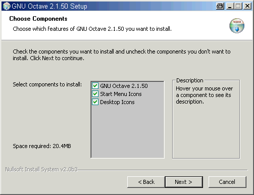 Installation von Octave 2.1.50a - drittes Bild: Komponentenauswahl